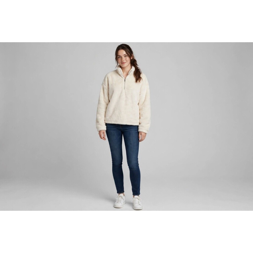 A New Day Faux Fur Pull Over 1/4 Zip Sweatshirt - Size M Medium - Cream